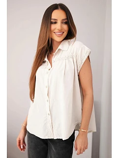 Dámska bavlnená košeľová blúzka s čipkou a krátkymi rukávmi béžová