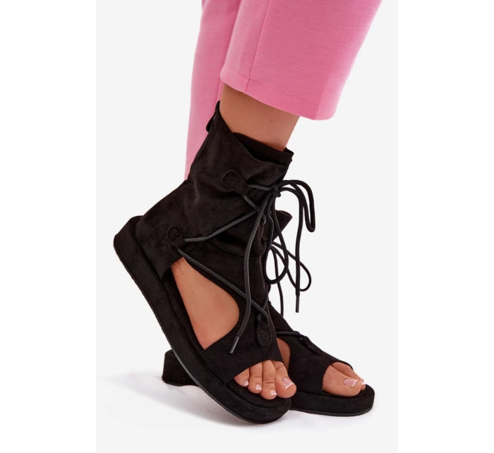 Dámské Sandály Eko Semišové S Vysokým Nártem a Zavazováním Černé Ferlisse