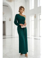 658-2 Trblietavé maxi šaty na jedno rameno s asymetrickými rukávmi a rozparkom - fľaškovo zelené