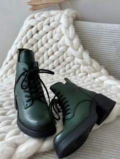 Botki Damskie Skórzane Na Klocku Ocieplane Vinceza 39950 Ciemnozielone