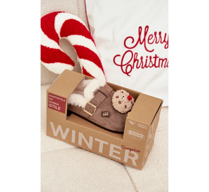 Dámské pantofle s ozdobami a přezkou vyhřívané kožešinou hnědé Thalora Dámské pantofle s ozdobami a přezkou vyhřívané kožešinou hnědé Thalora