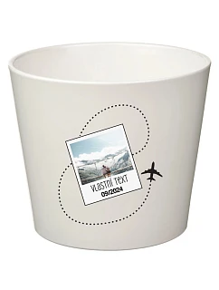 Bílý keramický květináč s cestovatelským motivem - malý