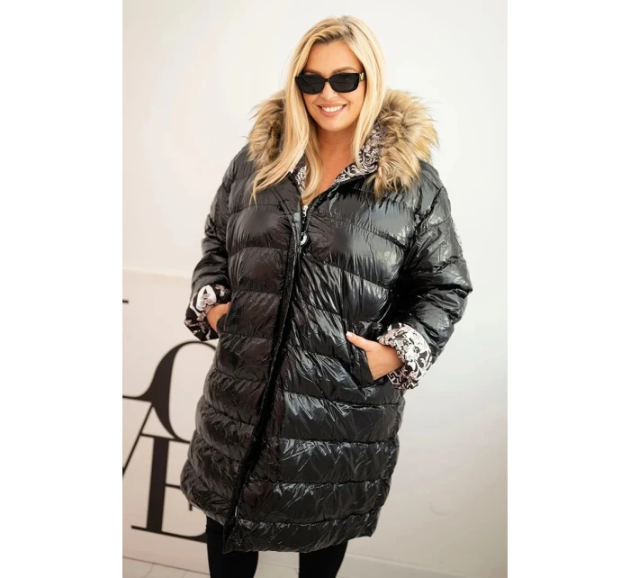 Dámská bunda Plus Size s kapucí a kožešinou černá