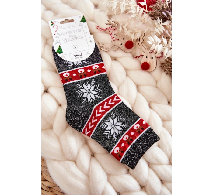 Damskie Świąteczne Skarpetki Błyszczące Renifery Czarno-Czerwone