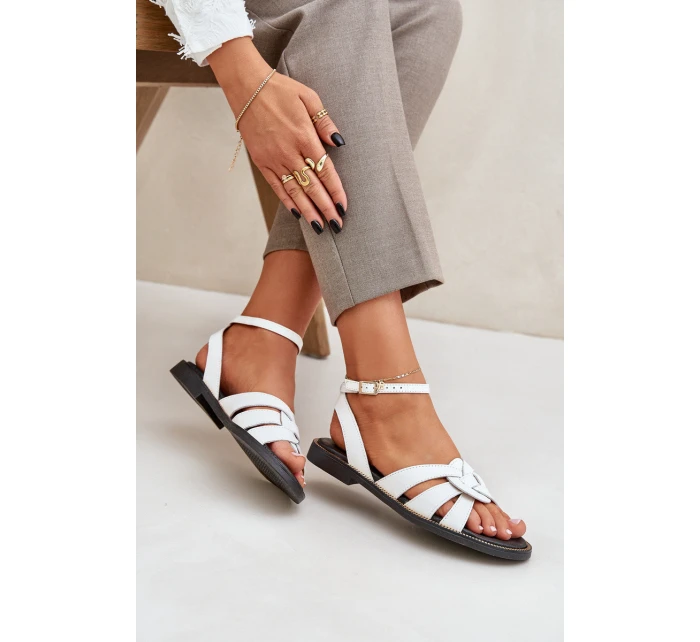 Skórzane Sandały Damskie Na Płaskim Obcasie Zazoo 3688 Białe Skórzane Sandały Damskie Na Płaskim Obcasie Zazoo 3688 Białe