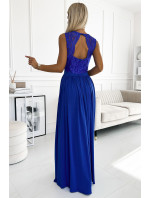 LEA - Svetlomodré dlhé dámske šaty s čipkovým výstrihom 211-7