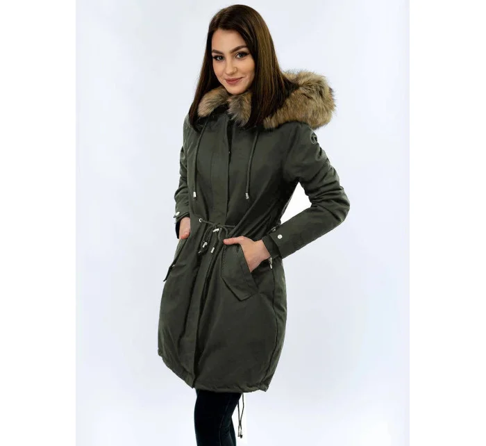 Dámská zimní bunda parka v army barvě s kapucí a odepínací kožešinovou podšívkou model 21242121 - Libland