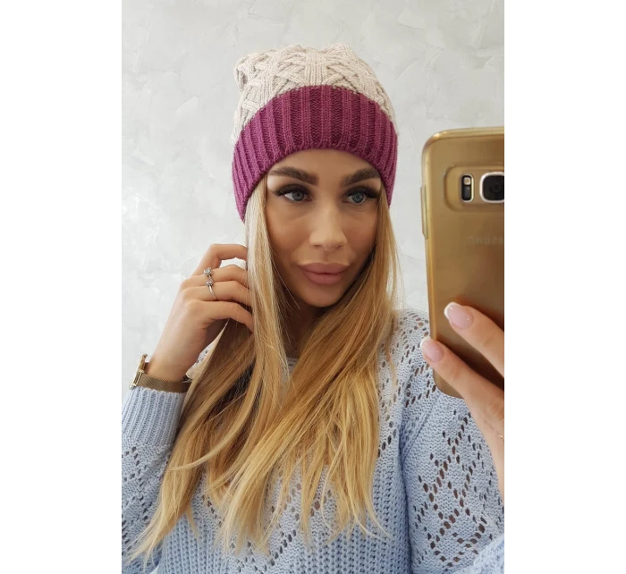 Bibiana fleecová čiapka K264 tmavo fialová + svetlo béžová