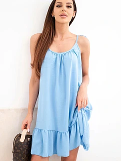 Dámske viskózové šaty bez ramienok s volánom a viazaním modré