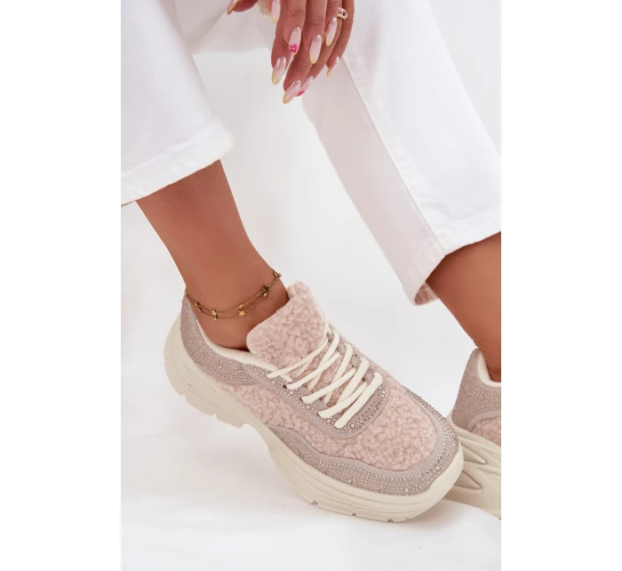 Sneakersy Damskie Z Cyrkoniami I Futerkiem Typu Baranek Jasnobeżowe Zarika Sneakersy Damskie Z Cyrkoniami I Futerkiem Typu Baranek Jasnobeżowe Zarika