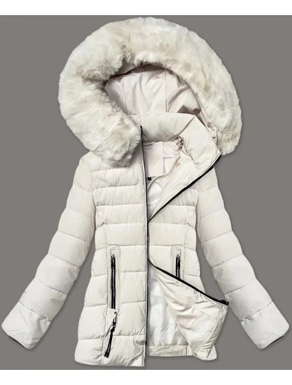 Prošívaná bunda v barvě ecru pro přechodné období s kožešinou kapucí model 21248229 - S'WEST