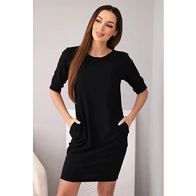 Dámske bavlnené šaty s 3/4 rukávmi a vreckami čierne