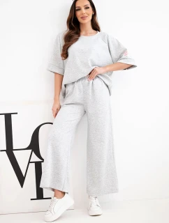 Dámska súprava maslovej viskózovej mikiny a širokých nohavíc sivej melanžovej farby
