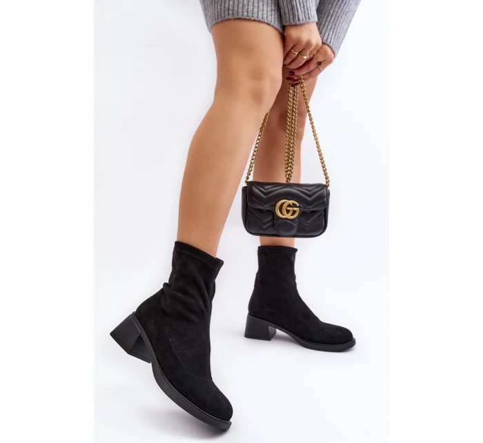 Botki Damskie Na Niskim Obcasie Czarne Aphroteia - Zamsz