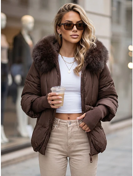 Dámska zimná prešívaná bunda s kožušinou, hnedá, FashionStreet TY5991 Dámska zimná prešívaná bunda s kožušinou, hnedá, FashionStreet TY5991