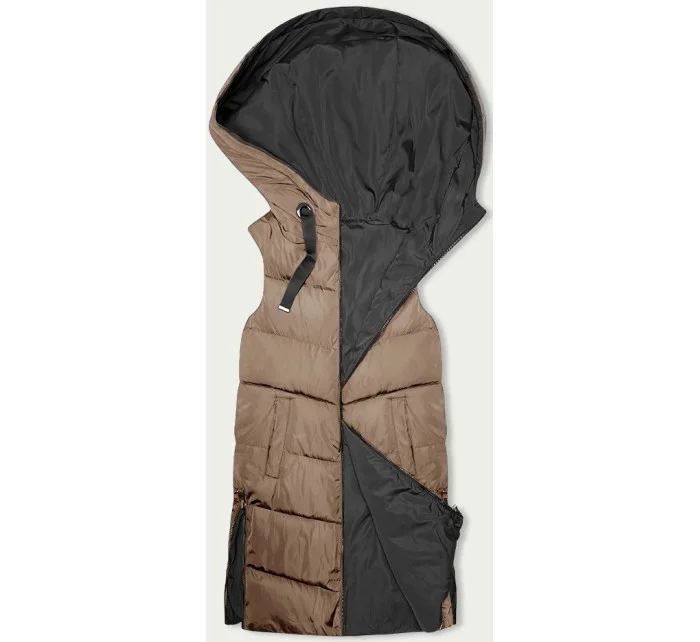 Béžová a grafitová dlhá dámska obojstranná vesta (B8248-12)