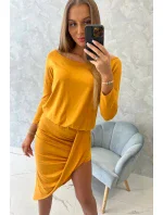 Asymetrické šaty, 3/4 rukávy, hořčicová barva Asymetrické šaty, 3/4 rukávy, hořčicová barva