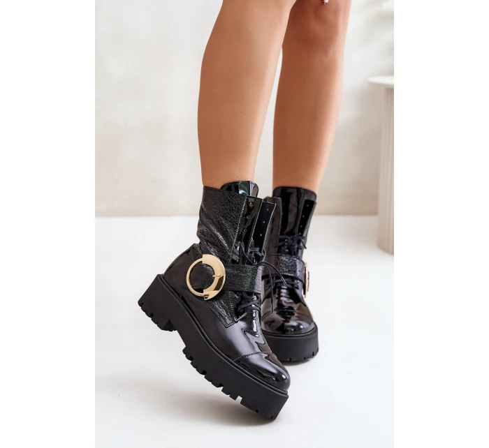 Kožené boty se zlatou sponou černé model 21672986 - Zazoo