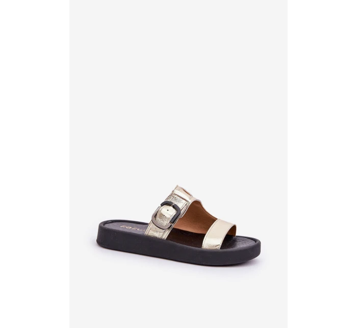 Skórzane Klapki Damskie Na Platformie Zazoo 3024 Złote