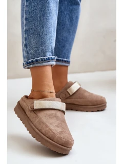 Damskie Kapcie Ocieplane Futerkiem Na Platformie Brązowe Azida