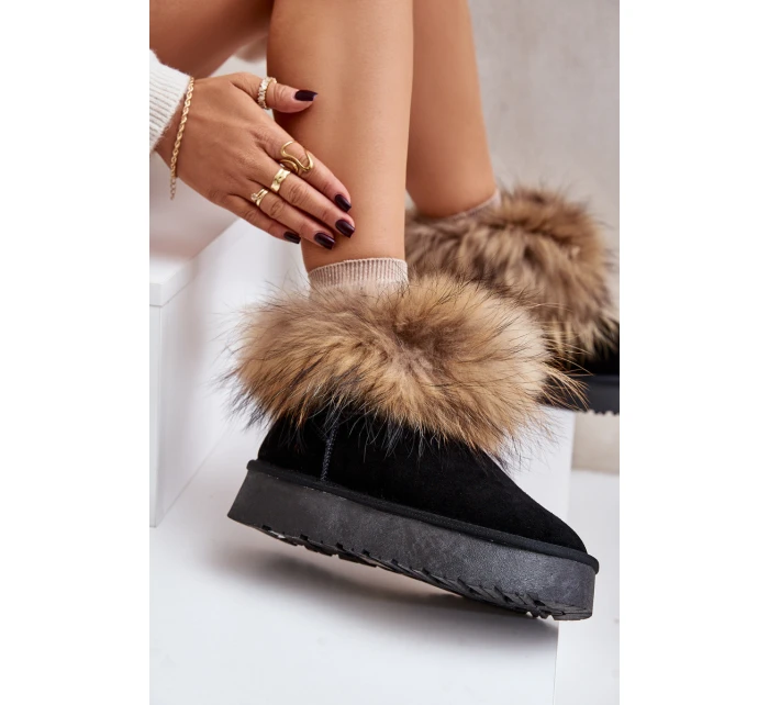 Skórzane Śniegowce Na Platformie Z Futerkiem Czarne Avirisa