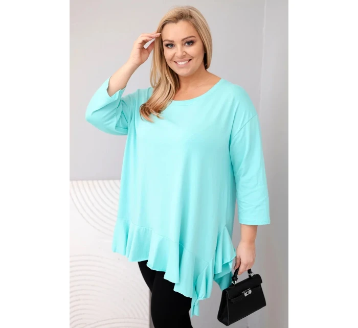 Dámská blůza Plus Size s bavlnou a volánem a ohrnovacími rukávy mátová
