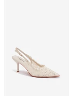 Krajkové Sandály na Podpatku Světle Béžové model 22103019 - Boto