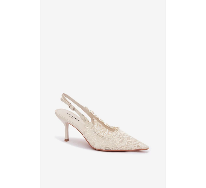 Krajkové Sandály na Podpatku Světle Béžové model 22103019 - Boto