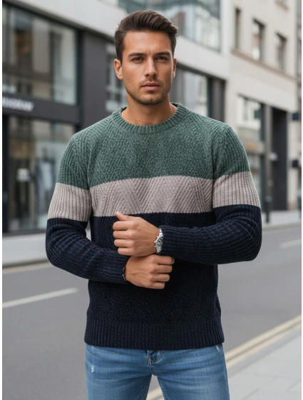 Pánský svetr s kulatým výstřihem zelený a tmavě modrý Dstreet model 21994007 - FashionStreet Pánský svetr s kulatým výstřihem zelený a tmavě modrý Dstreet model 21994007 - FashionStreet