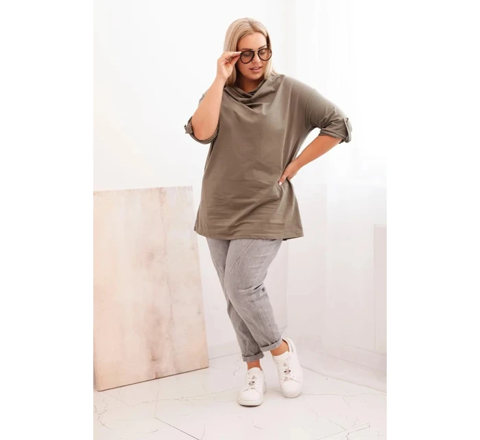 Dámská blůza Plus Size s bavlnou volného střihu s vodním výstřihem khaki Dámská blůza Plus Size s bavlnou volného střihu s vodním výstřihem khaki