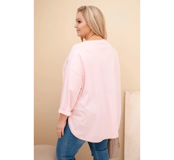 Dámska blúzka v nadmernej veľkosti s bavlnou, vreckom a zvlnenými rukávmi púdrovo ružová