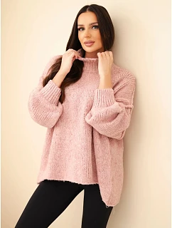 Dámský oversize svetr s přídavkem se a širokými rukávy tmavý pudrově růžová model 22391384 - K-Fashion