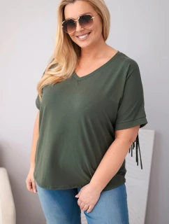 Dámská bavlněná halenka s výstřihem do V a třásněmi na zádech khaki