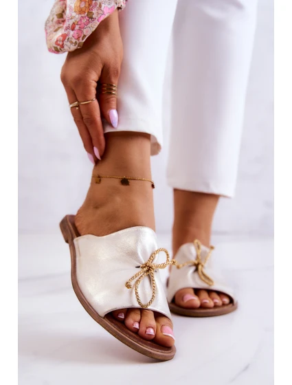 Zazoo 2659 Skórzane Klapki Damskie Biało-Złote