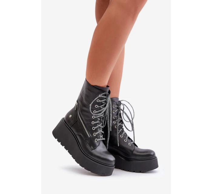 Kožené Botky Worker Na Platformě A Klínu model 21678220 Černé - Maciejka