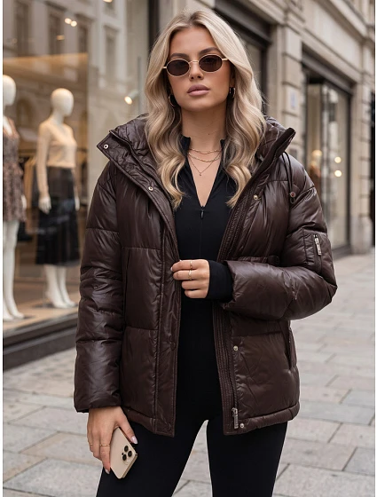 Dámska zimná prešívaná bunda s kapucňou, hnedá, FashionStreet TY5965 Dámska zimná prešívaná bunda s kapucňou, hnedá, FashionStreet TY5965