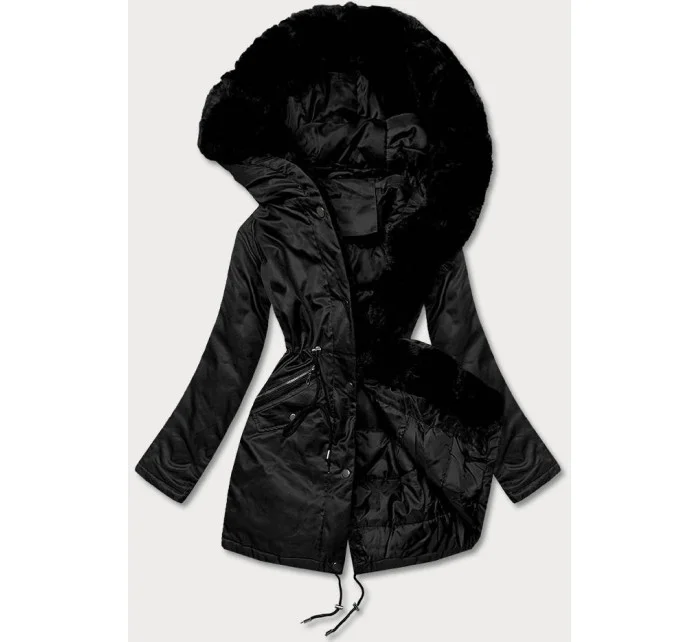 Čierna dámska bunda s kožušinou (5m762-392)