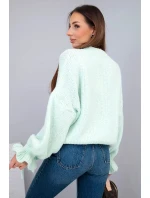 Dámský svetr s přídavkem mohairu s model 21903494 pletením a ozdobnými rukávy mátový - K-Fashion