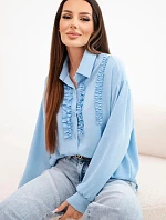 Dámske viskózové tričko s dlhými rukávmi a volánmi modré