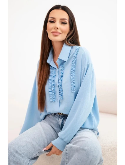 Dámská viskózová košile s dlouhým rukávem a volánky modrá