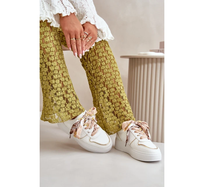 Sneakersy Damskie Na Platformie Z Ozdobnym Sznurowaniem Białe Mistra