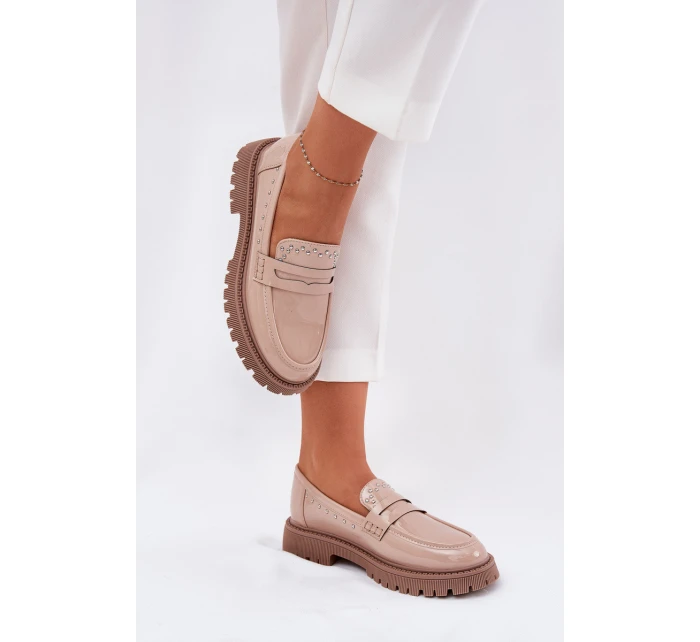 Mokasyny Damskie Lakierowane Ze Zdobieniem Beżowe Nallae