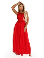 672-5 Romantické svatební maxi šaty s vyšívanou krajkou a tylem - červené