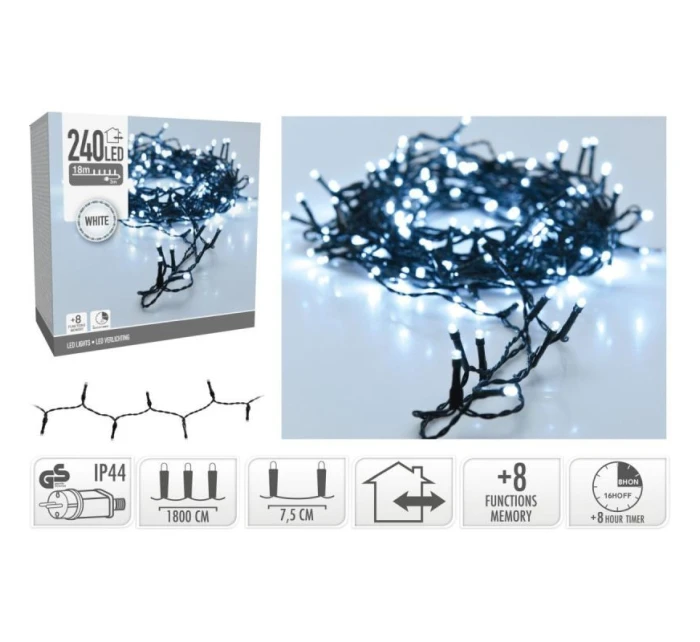 VIANOČNÝ STROMČEK SVETELNÁ REŤAZ 240 VIEDOL ČASOVAČ STUDENÁ BIELA