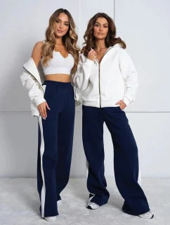 Biela a tmavomodrá hrubá dámska bavlnená súprava s mikinou na zips (503)