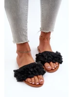 Dámske ploché papuče so strapcami, čierne Rialle