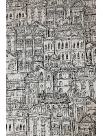 Teplý dámsky prehoz s kapucňou, vreckami a vzorom "mesto" model 6376504