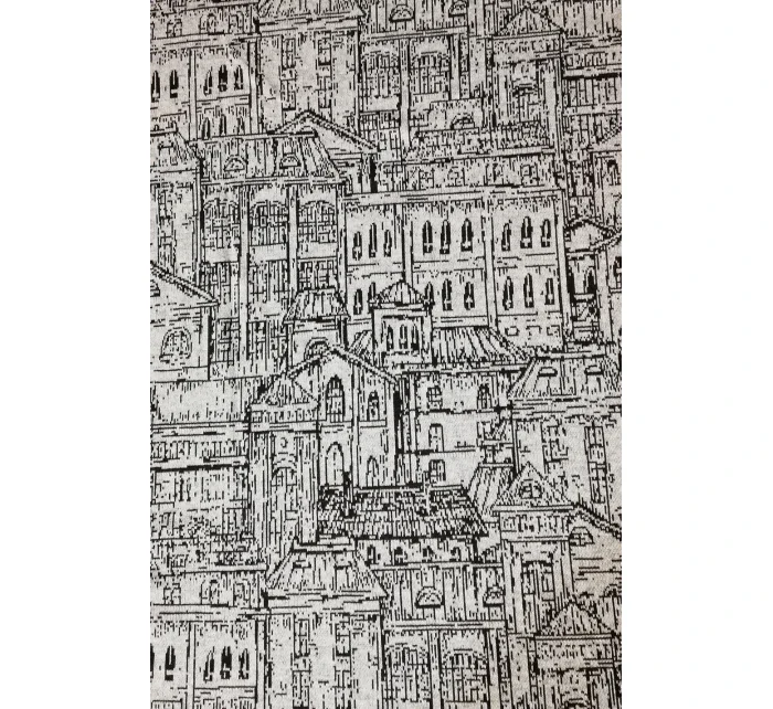 Teplý dámsky prehoz s kapucňou, vreckami a vzorom "mesto" model 6376504