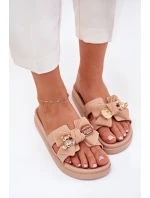 Klapki Damskie Z Kokardą I Złotą Broszką Beżowe Lynara