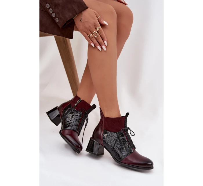 Zazoo 60503 Skórzane Botki Na Obcasie Ocieplane Bordowe